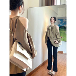 胖mm法式气质露肩防晒衬衫女夏季大码宽松显瘦设计感洋气薄款上衣