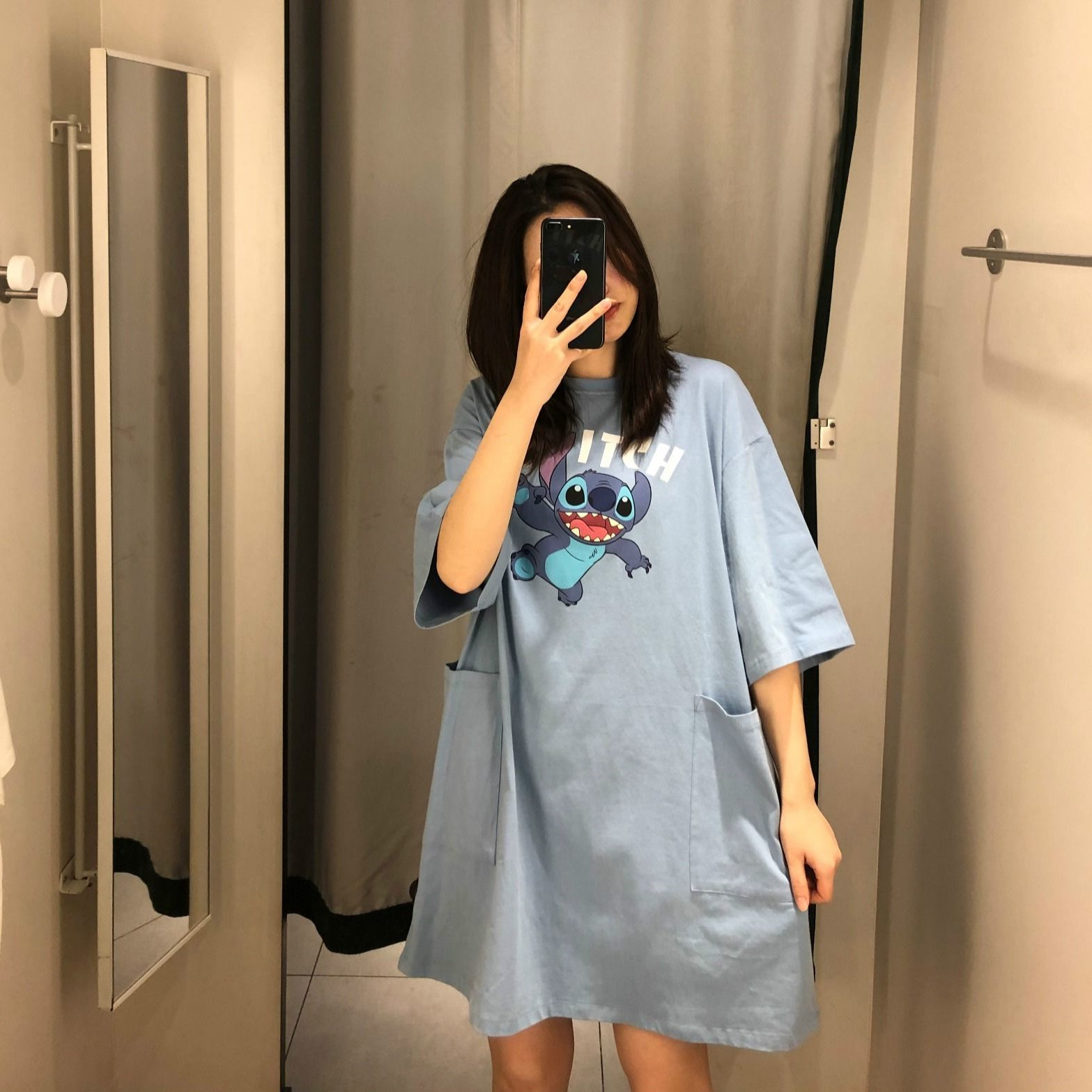 胖mm原宿风卡通可爱短袖睡裙女夏季大码宽松遮肉可外穿体恤连衣裙