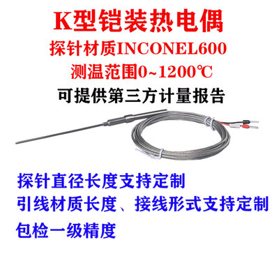 K型长探头铠装高温热电偶探针式inconel600材质1200℃实验室专用
