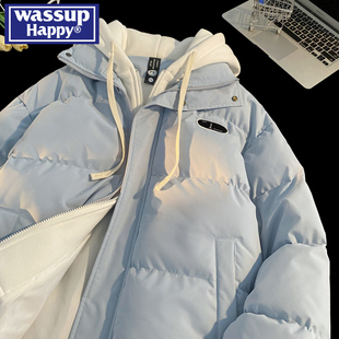 wassup happy假两件棉服男士冬季新款青少年连帽加厚棉衣保暖外套