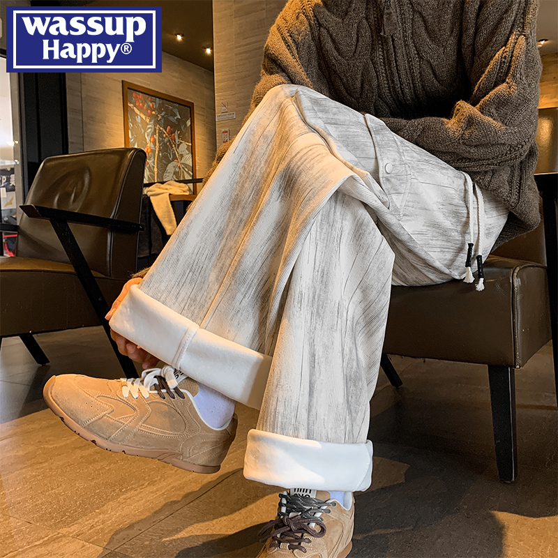 WASSUPHAPPY冬季加绒休闲裤子男