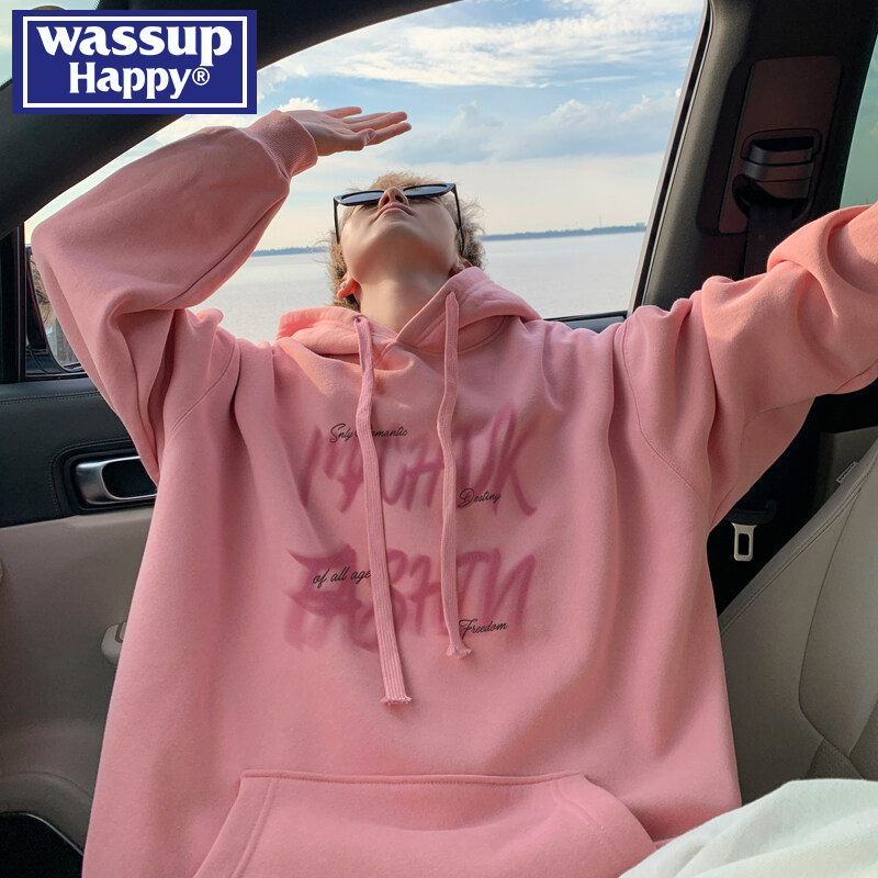 wassup happy重磅纯棉连帽卫衣男士春秋季2025新款宽松休闲外套潮