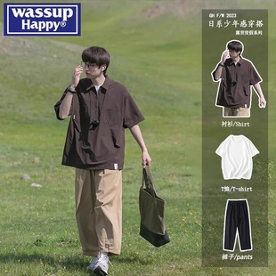 夏季 wassup 男装 happy短袖 2025潮牌青少年帅气穿搭一整套 polo衬衫