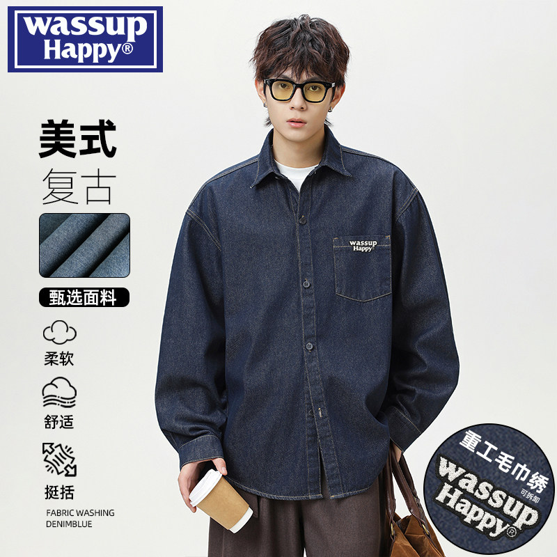 wassup happy复古牛仔长袖衬衫男春秋季新款宽松翻领休闲衬衣外套