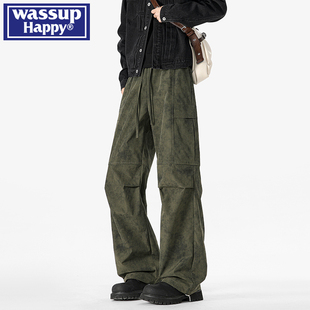 子男士 裤 秋冬季 美式 wassup 高街潮牌休闲长裤 happy扎染军绿色工装