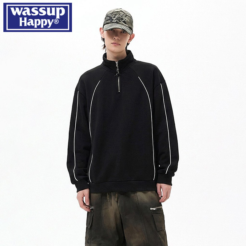 wassup happy美式半拉链卫衣男士春秋季2026新款潮牌条纹立领上衣,男装,卫衣,淘宝优惠券,粉丝福利购,淘宝优惠卷