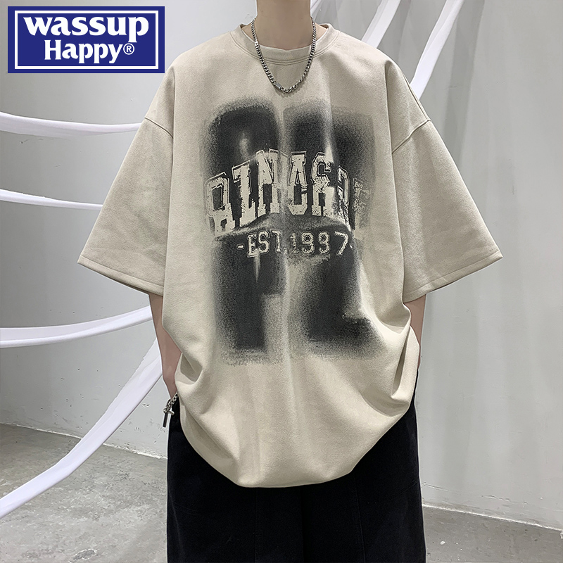 wassup happy麂皮绒短袖t恤男夏季潮牌嘻哈高街痞帅男士半袖上衣