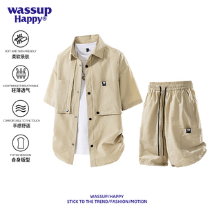 wassup happy工装衬衫套装男士夏季冰丝短袖短裤一套搭配帅气衣服