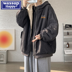 wassup happy羊羔毛棉服男款秋冬季新款加厚保暖工装牛仔连帽衣服