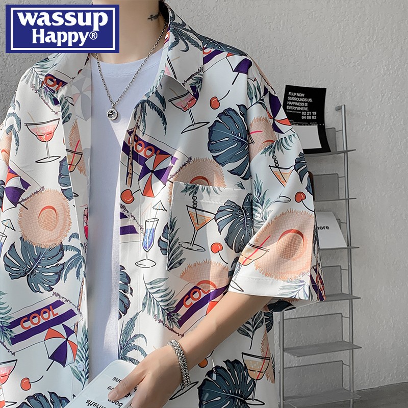 WASSUPHAPPY夏季翻领短袖衬衫男