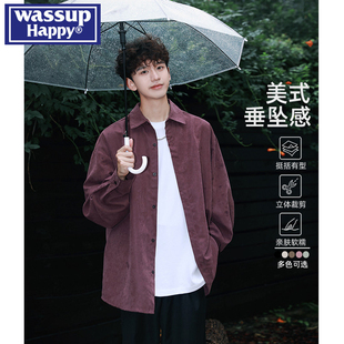 wassup happy桃皮绒长袖衬衫男款春秋季潮牌复古宽松休闲翻领外套