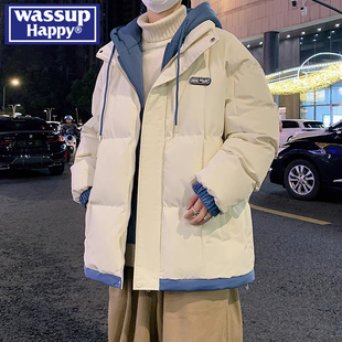 棉衣宽松百搭潮牌外套 加厚保暖美式 happy假两件棉服男冬季 wassup