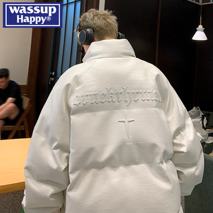 happy白色pu皮棉服男冬季 wassup 立领面包服潮牌加厚棉衣夹克外套