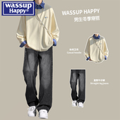 青少年牛仔裤 wassup 搭配一套 春秋季 2026新款 happy衬衫 领卫衣男款