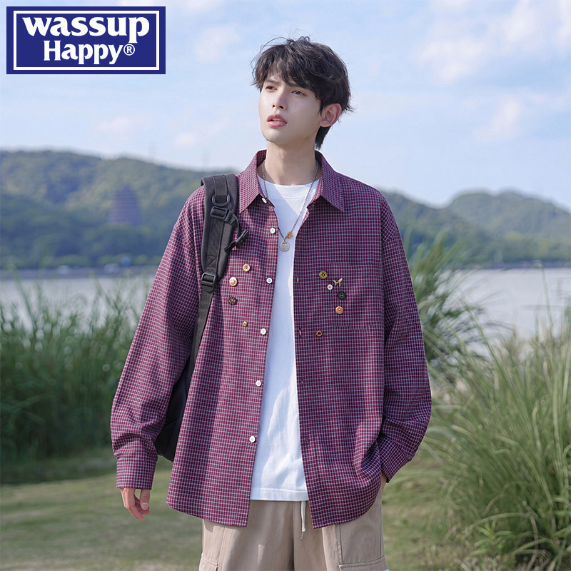 wassup happy多巴胺紫红色格子长袖衬衫男春秋季纽扣休闲衬衣外套