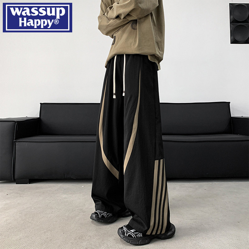 wassup happy美式撞色休闲裤子男秋冬季潮牌宽松直筒阔腿拖地长裤,男装,休闲裤,淘宝优惠券,粉丝福利购,淘宝优惠卷