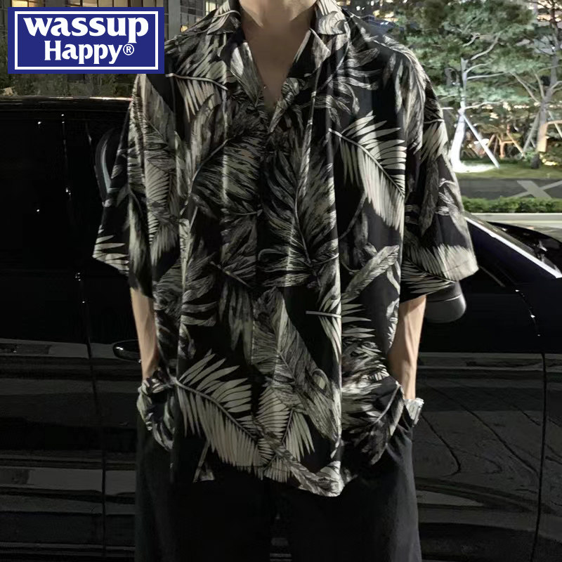 wassup happy夏威夷碎花短袖衬衫男宽松百搭夏季薄款衬衣港风上衣