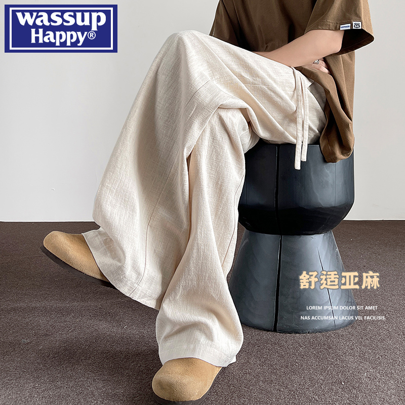 wassup happy亚麻休闲裤男2025夏季薄款宽松直筒百搭国风棉麻裤子