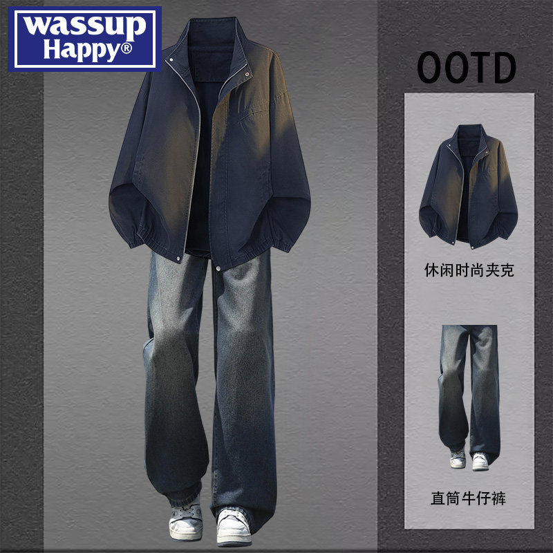 wassup happy日系工装风夹克牛仔裤裤套装男春秋季新款痞帅两件套