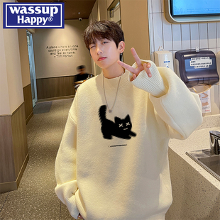 潮牌宽松线衣潮流圆领针织衫 秋冬季 外套 happy小猫毛衣男款 wassup