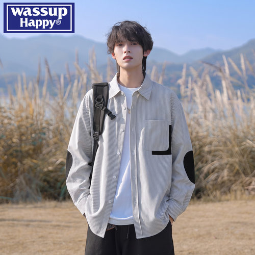 WASSUPHAPPY条纹拼接长袖衬衫男