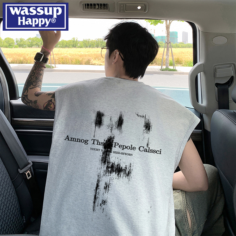 WASSUPHAPPY夏季纯棉无袖t恤男