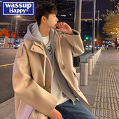 春秋季 wassup happy假两件毛呢外套男士 连帽褂子潮牌潮流宽松上衣