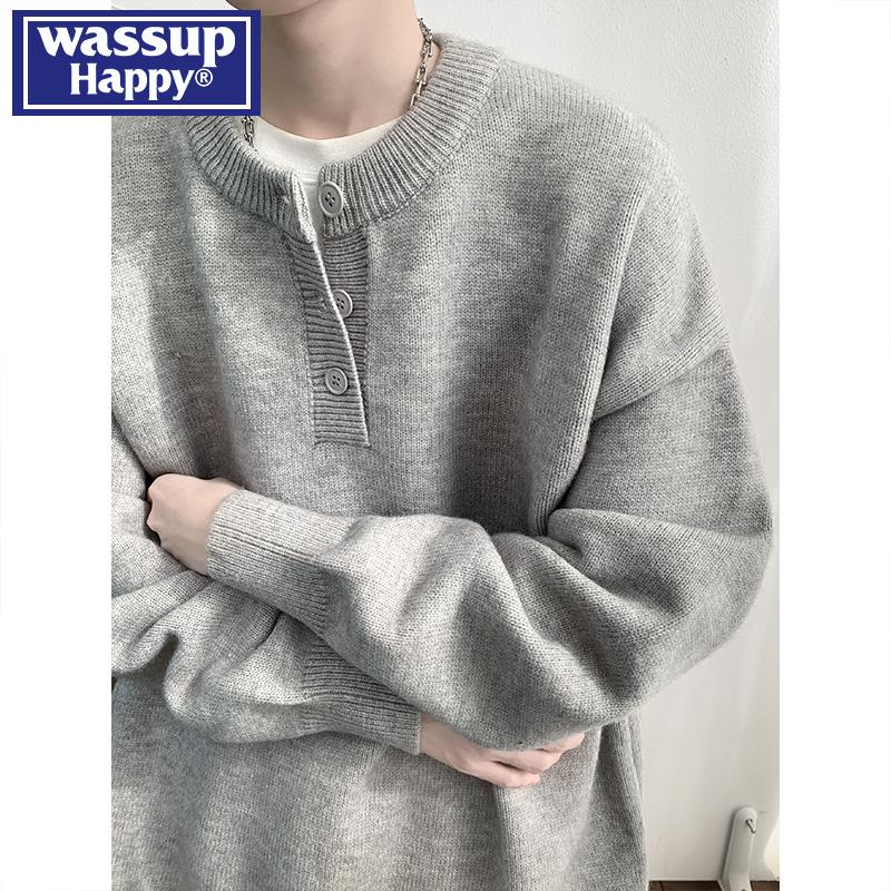 WASSUPHAPPY灰色美式亨利领毛衣