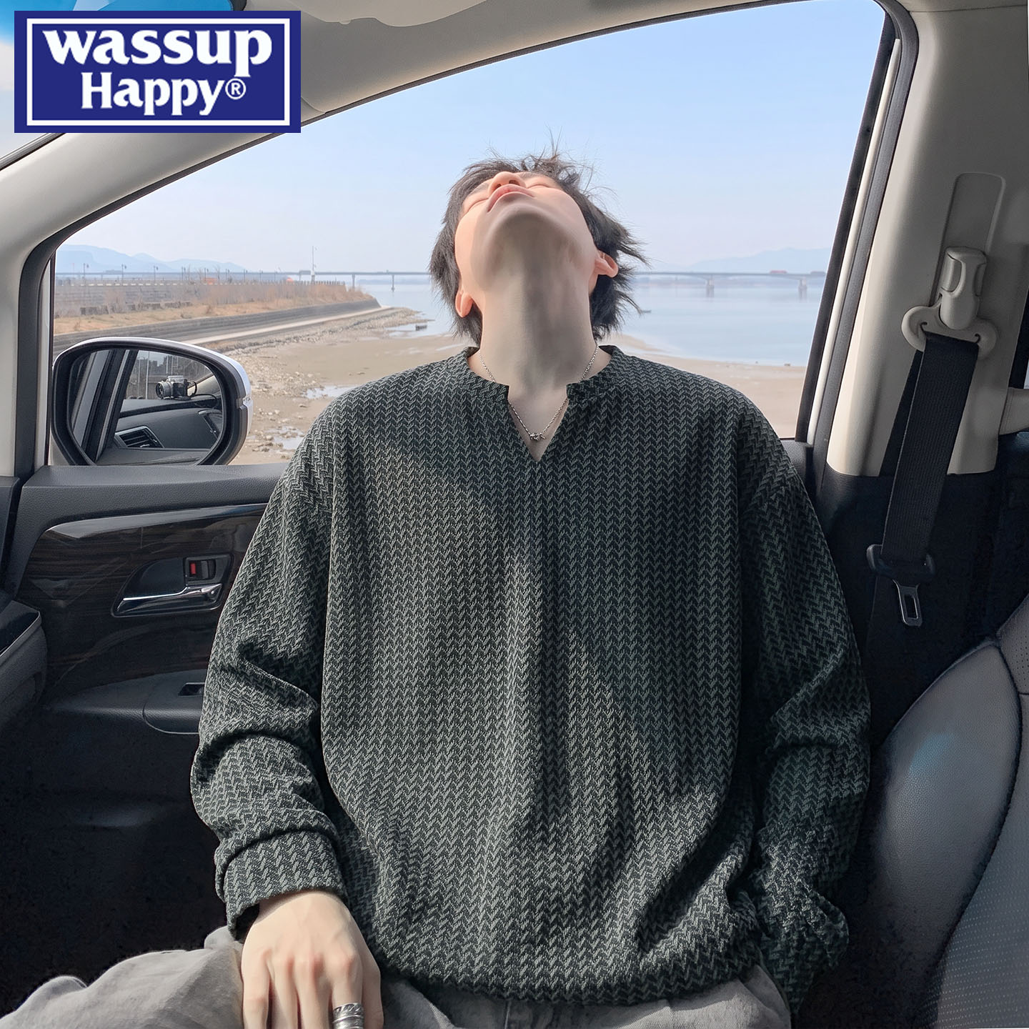 wassup happy美式鱼骨纹长袖t恤男士春秋季痞帅慵懒感套头打底衫