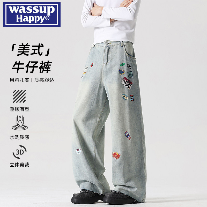 wassup happy美式卡通印花牛仔裤子男士夏季潮牌宽松直筒休闲长裤