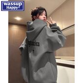 happy美式 连帽卫衣男春秋季 2025新款 wassup 宽松圆领冬季 加绒上衣