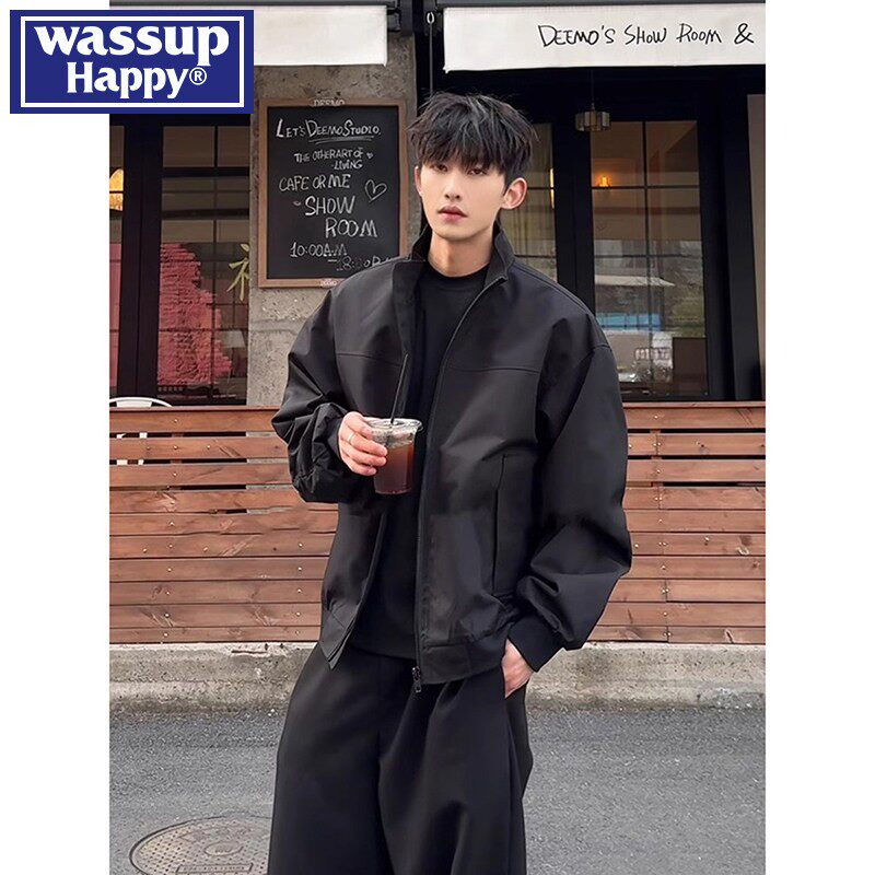 wassup happy美式飞行立领夹克男士春秋季新款潮牌宽松冲锋衣外套