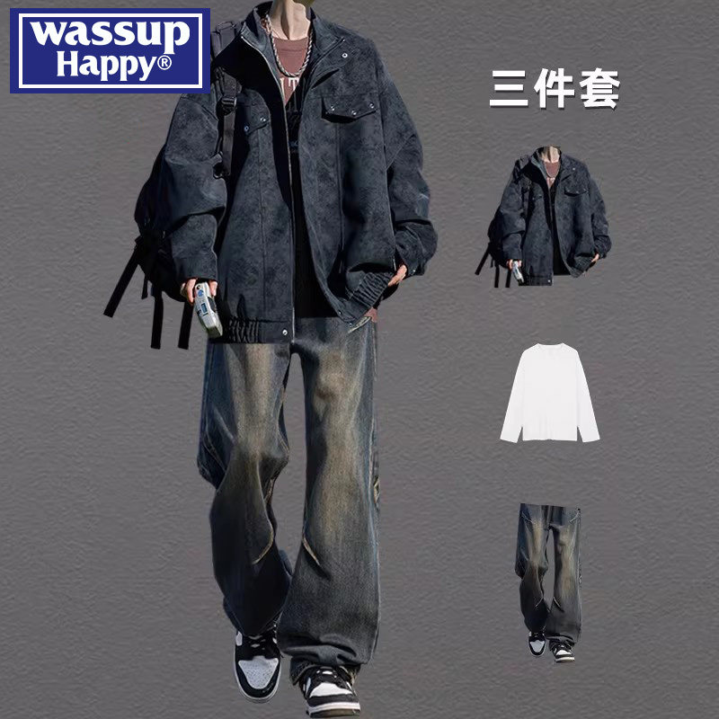 wassup happy美式扎染PU皮翻领外套男士春秋季穿搭配牛仔裤一整套