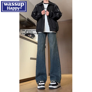 wassup happy美式高街微喇牛仔裤子男秋冬季潮牌宽松直筒休闲长裤