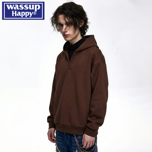wassup happy假两件深V领连帽卫衣男士春秋季新款慵懒风百搭外套
