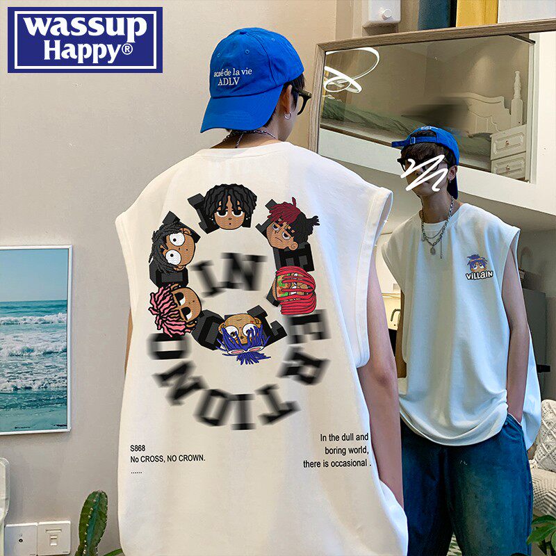wassup happy欧美hiphop重磅背心男西海岸小众无袖t恤ins潮牌坎肩