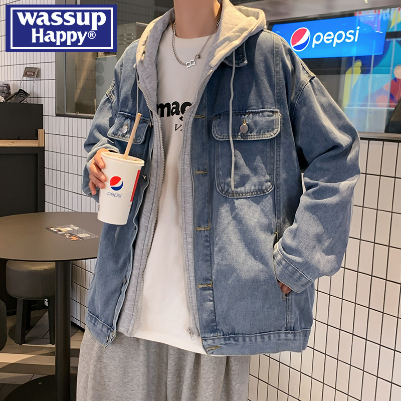 wassup happy假两件牛仔夹克男春秋潮牌连帽宽松百搭外套潮流上衣