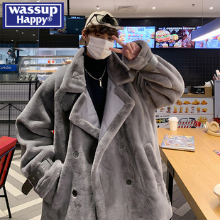 美式 wassup 新款 秋冬季 翻领加厚保暖棉服外套 happy羊羔绒棉衣男士
