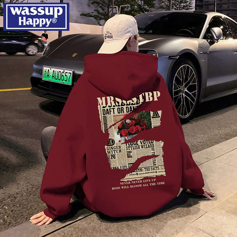 wassup happy玫瑰印花连帽卫衣男士春秋季新款纯棉宽松休闲外套潮