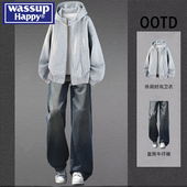 2026新款 wassup 痞帅穿搭两件套 卫衣男士 春秋季 happy美式 重磅开衫