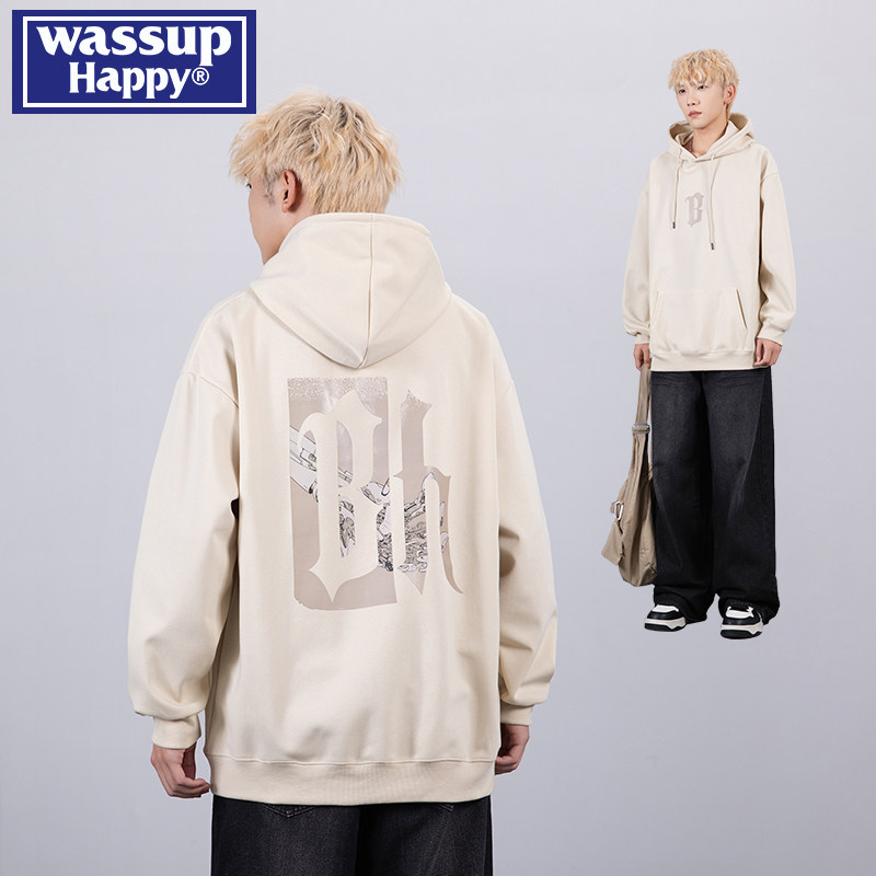wassup happy潮牌连帽卫衣男2026春秋季新款纯棉重磅宽松休闲外套