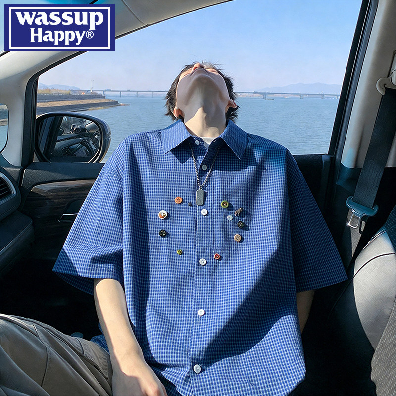 wassup happy设计感纽扣短袖格子衬衫男士夏季薄款青少年衬衣外套