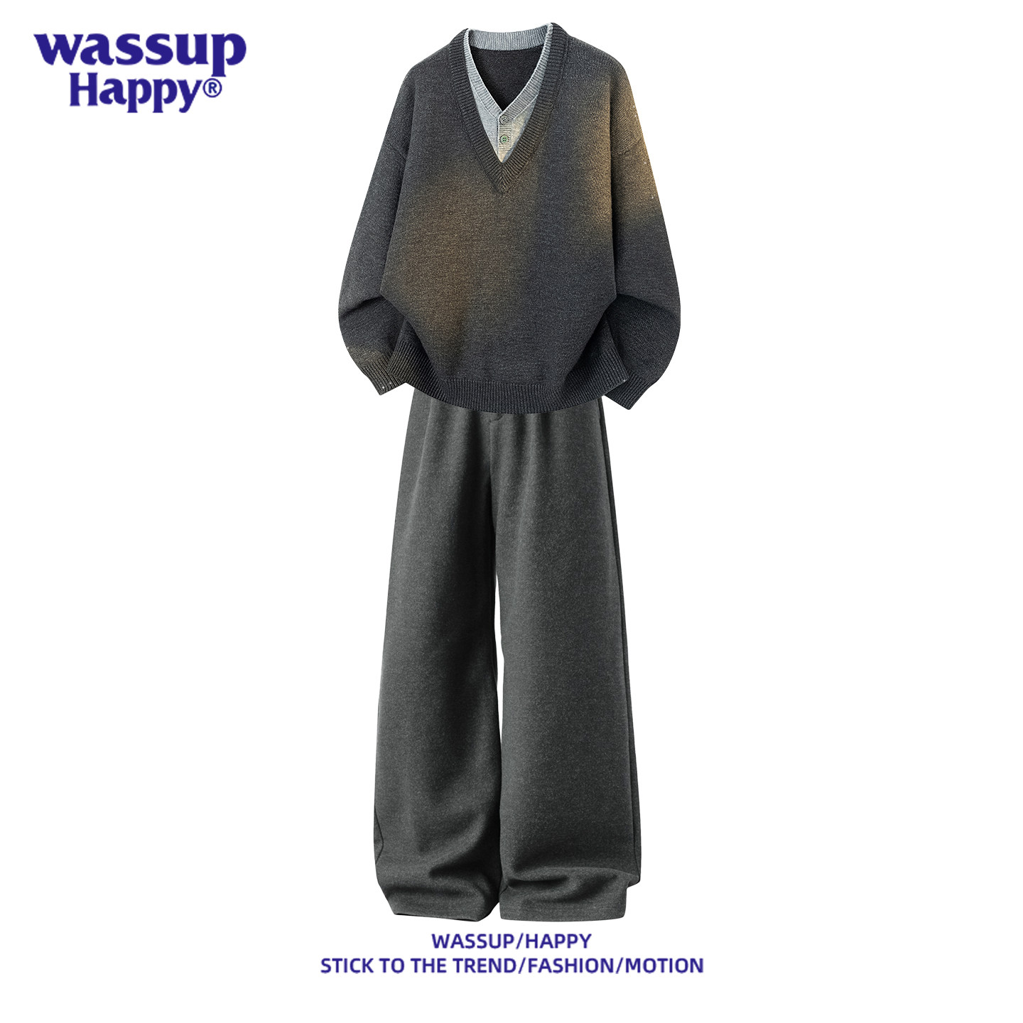 wassup happy假两件深V毛衣休闲套装男秋冬季宽松潮流搭配一整套