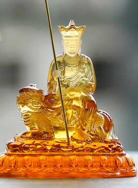 古法琉璃地藏王菩萨坐谛听摆件