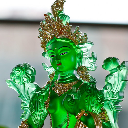 古法真琉璃贴金绿度母家居摆件