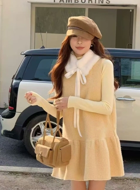 一念小众设计裙+打底针织衫两件套装(配可拆仿毛毛领)2863