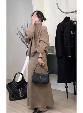 一念简高领慵懒风华夫格宽松显瘦毛衣+针织开衩半身裙套装A78132