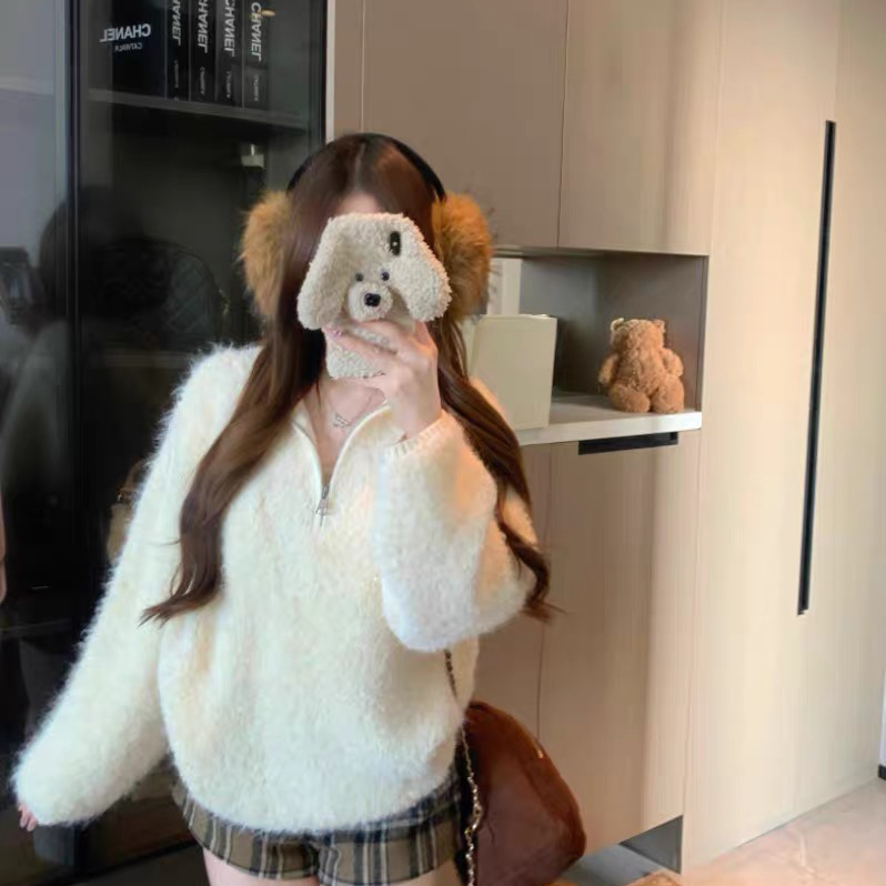 一念约连帽拉链软糯毛衣女2025秋冬宽松显瘦氛围感显白毛衣9807