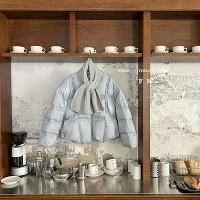 一念鸭绒浅蓝色冬季花边保暖羽绒服外套(配围巾)1019