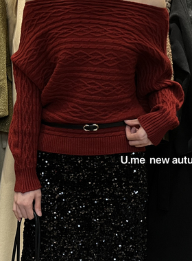 一念时尚一字肩设计纯色保暖毛衣(配围脖套)81127